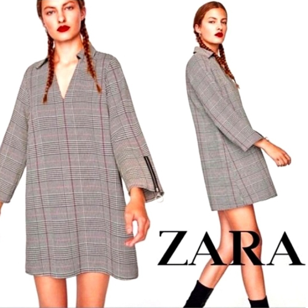 ZARA Black and White Houndstooth Collared Shift Dress